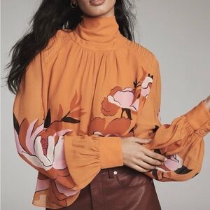Anthropologie Orange Floral Blouse